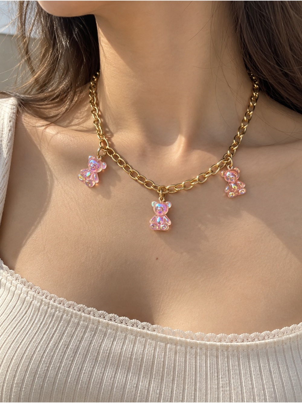 Gold Chain Necklace with Pink Iridescent Teddy Charms